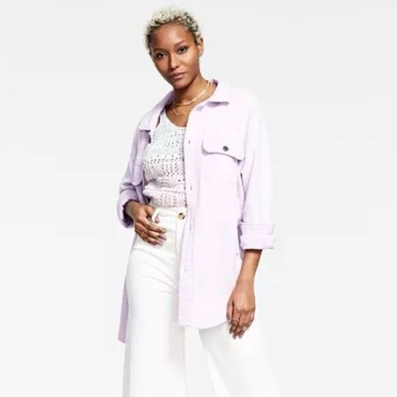 ✨BLACK TAPE Fuzzy Elbow Patch Shacket Shirt Sz Medium Jacket Soft Lilac✨ - Picture 2 of 11